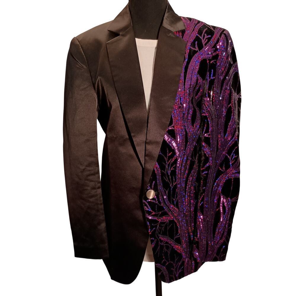 Sequin and Part Velvet Party Blazer Black & Purple Size XS